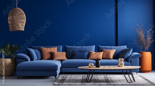A sectional sofa in royal blue set against a navy solid color pattern wall. photo