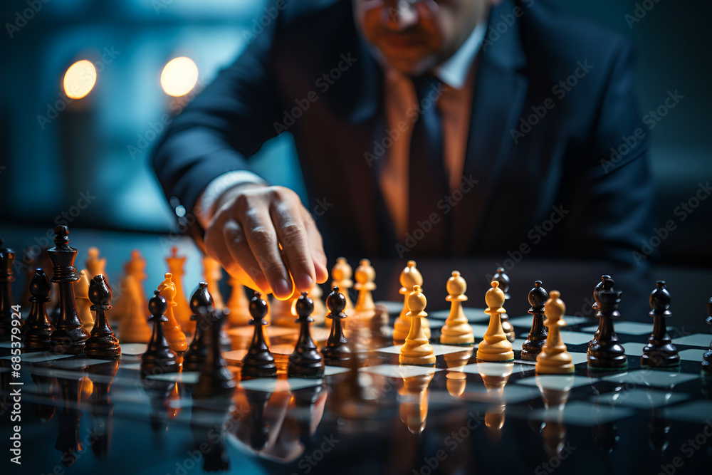 Businessman moving chess piece on chess board game - obrazy, fototapety, plakaty 