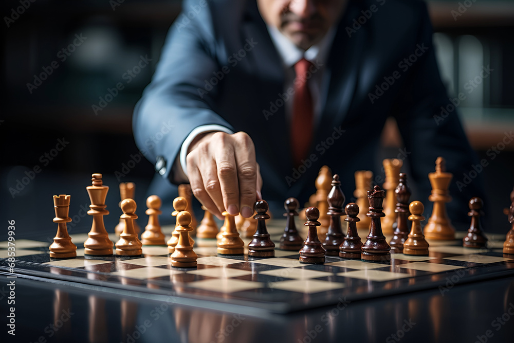 Businessman moving chess piece on chess board game - obrazy, fototapety, plakaty 