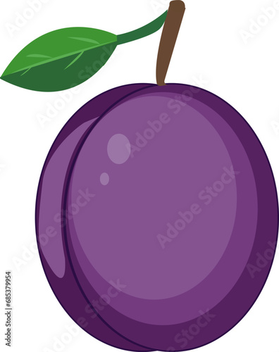 A Big Plum Icon of a healthy fruit, a fresh plum with a leaf, a source of vitamins Vector flat illustration, cartoon style