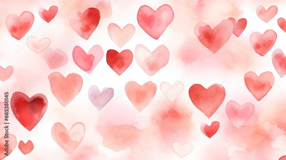 Hearts. A romantic background filled with pink and red watercolor hearts, perfect for Valentine’s Day. Hand drawn illustration. For card, banner, greeting, print, packaging design, wrapping paper