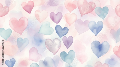 Hearts. Romantic background filled with colored pastel watercolor hearts, perfect for Valentine’s Day. Hand drawn illustration. For card, banner, greeting, print, packaging design, wrapping paper