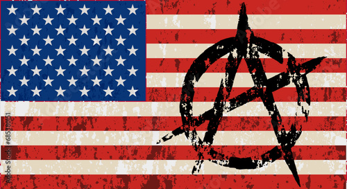 Grunge flag of USA with sign anarchy. Vector image