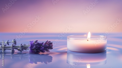 Natural beauty podium backdrop for product display with Spring flower. Candle and lavender on the ground covered with water