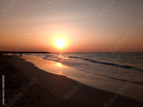 Fototapeta Naklejka Na Ścianę i Meble -  United Arab Emirates. Sea view. Sharjah. Al Khan Beach. Beautiful Sunset.