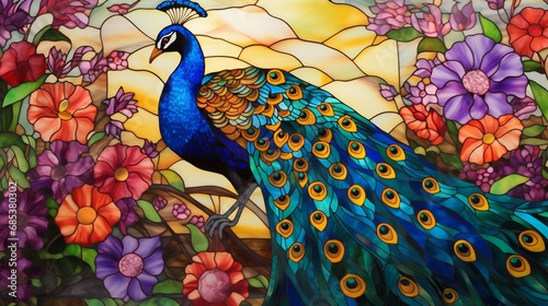 Majestic Peacock on Stained Glass Artwork. Generative ai © Scrudje