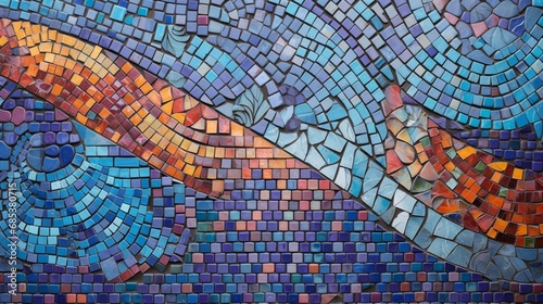 A tiled mosaic wall with a symphony of colors and patterns, creating a visually stunning mosaic.
