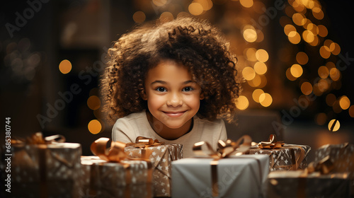 Holidays, christmas, childhood and people concept - smiling little african american girl with gift boxes over living room background © Vadym Hunko
