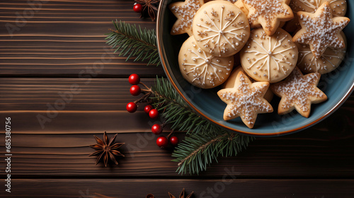 Christmas cookies in the form of stars on a plate on a wooden background