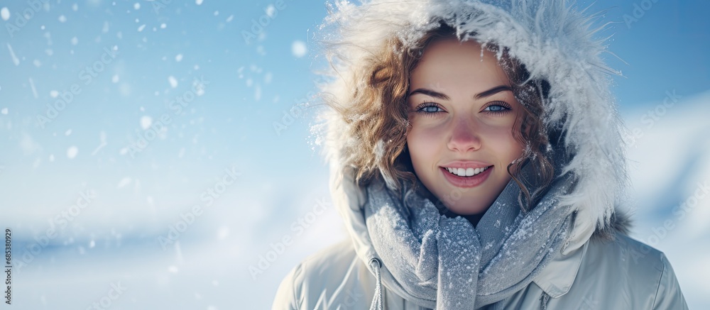Winter portrait of happy woman wearing cold weather clothing against snowy backdrop. Winter portrait of happy woman wearing cold weather clothing against snowy backdrop.