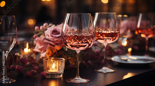Two glasses of rose wine on the table in a restaurant with candles