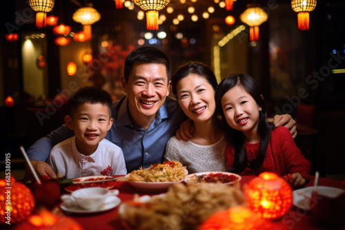 Happy family enjoying Chinese new year dinner together at a table.