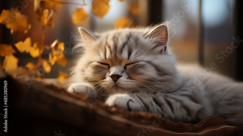 Cute cat lying on the windowsill in the autumn forest. © Vadym Hunko