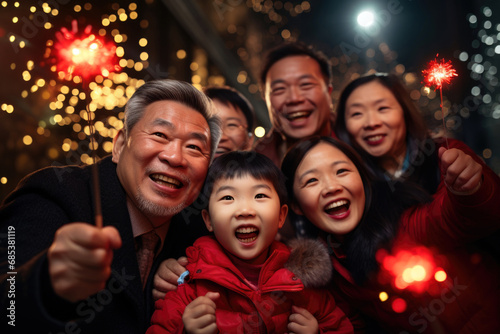 A joyful family celebration with sparklers and fireworks at night. Celebration of Chinese new year: Sparklers and smiles on a winter night
