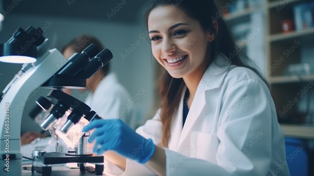 Young scientist looking through a microscope in a laboratory - obrazy, fototapety, plakaty 