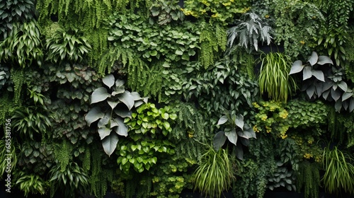 A wall covered in planters with a variety of foliage, forming a natural and organic pattern.