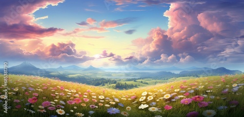 A heart-shaped cloud formation above a vibrant meadow filled with wildflowers.