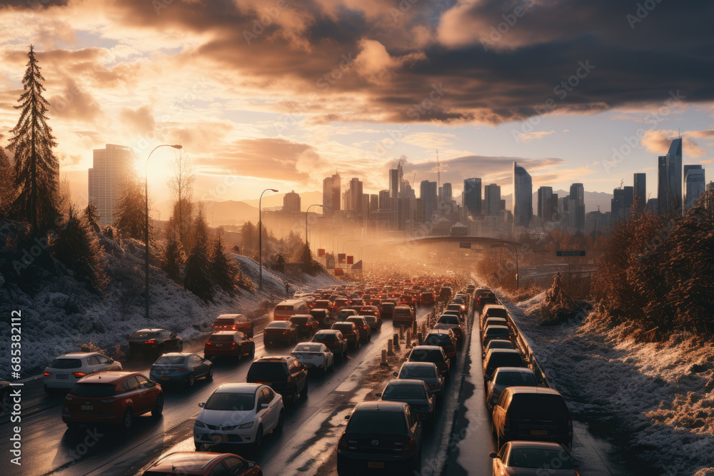 Traffic jams in winter Christmas time with many snow Traffic jams in winter Christmas time with many snow