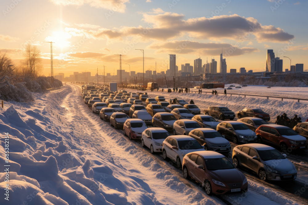 Traffic jams during rush hours after work, winter Christmastime  with many snow