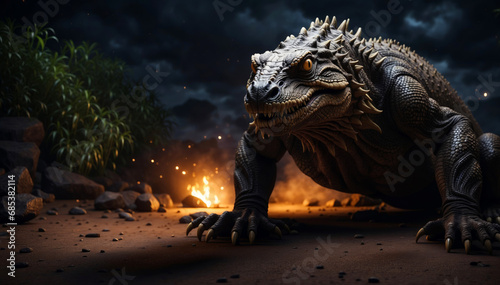 A monstrous lizard in the night.