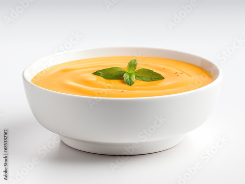 Pumpkin cream soup in a white plate photo