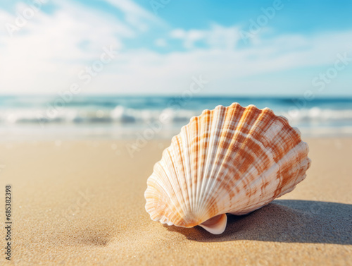 Close-up of a single, pristine seashell on a sandy beach.