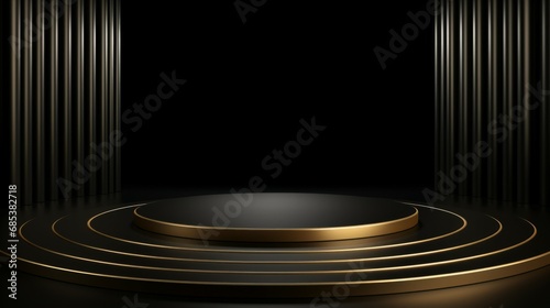 Black background and product podium stand with gold ring at bottom