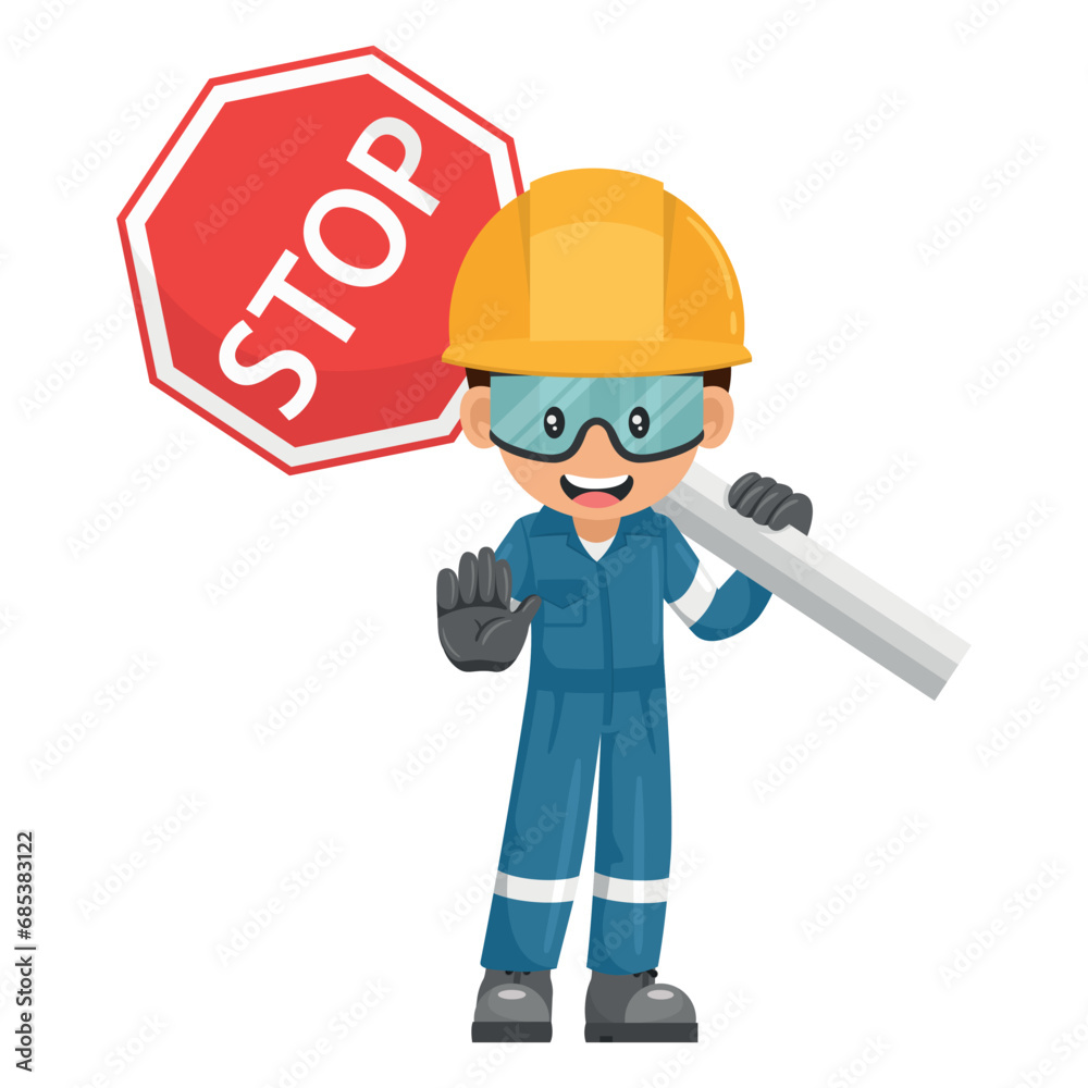 Industrial mechanic worker with stop sign. Engineer with his personal protective equipment. Safety first. Industrial safety and occupational health at work Industrial mechanic worker with stop sign. Engineer with his personal protective equipment. Safety first. Industrial safety and occupational health at work