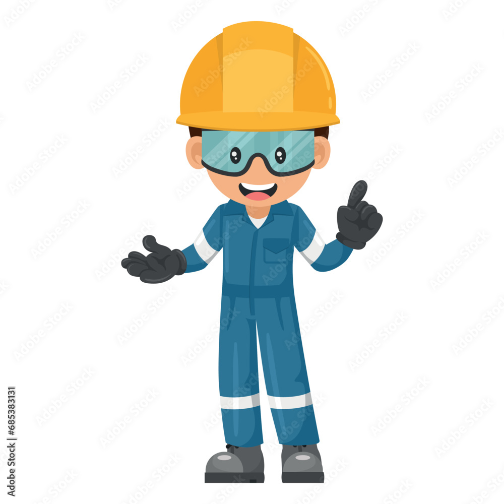Industrial mechanical worker with his personal protective equipment pointing his finger. Express an idea and indicate with the index finger. Industrial safety and occupational health at work