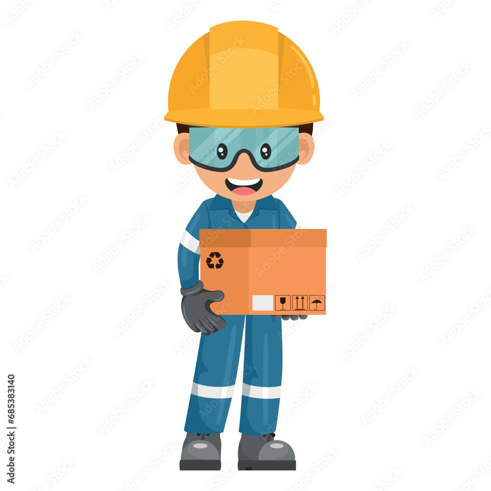 Industrial mechanic worker loading a box for delivery, distribution and storage. Supervisor with personal protective equipment. Industrial safety and occupational health at work Industrial mechanic worker loading a box for delivery, distribution and storage. Supervisor with personal protective equipment. Industrial safety and occupational health at work