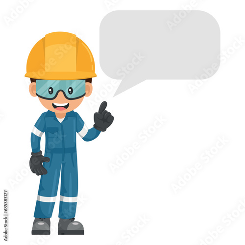 Industrial mechanic worker with his personal protective equipment with dialog box vignette with copy space for text for advertising, brochures. Industrial safety and occupational health at work