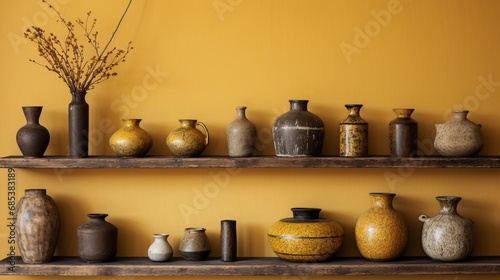 Antique Japanese vases paired with dusty volumes on a rustic wooden shelf against a mustard-colored wall.