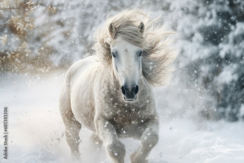 Delightful Cute horse in winter snow. Pet mammal. Generate Ai © juliars
