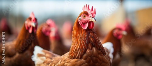 Selective focus on a beautiful breed of egg-laying chickens, Cinnamon Queen hens, with reddish-brown coloring. photo