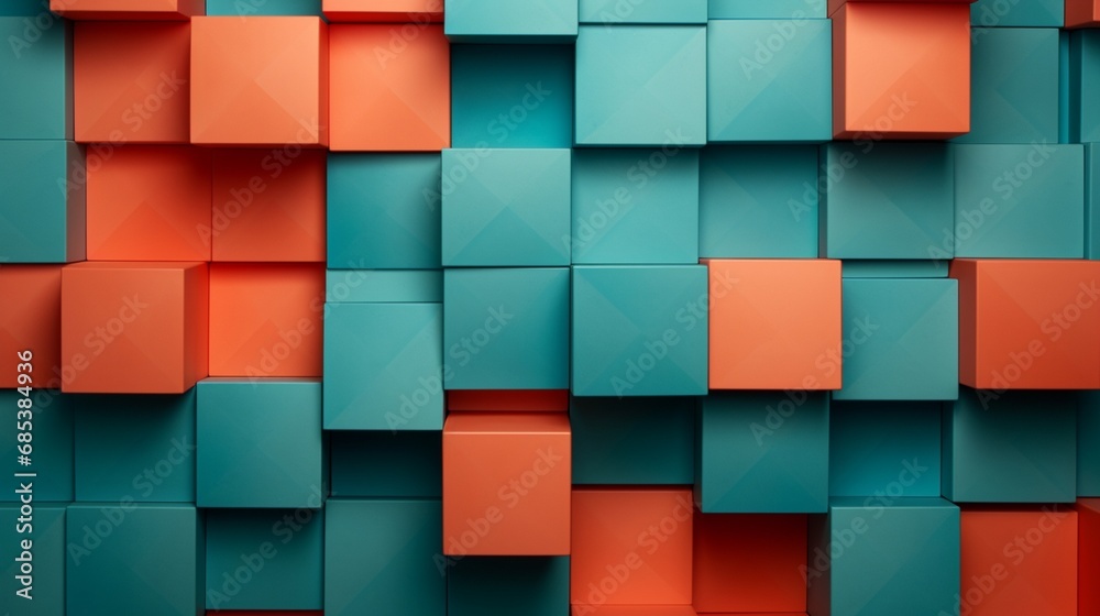 Geometric shapes in shades of coral and teal creating a visually striking design on a 3D wall.
