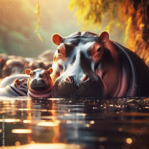 mother and baby hippo laying in the water photo