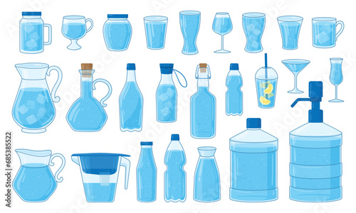 Cartoon water containers. Plastic and glass water bottles, mugs, cups, glasses, jug, jars and decanter with iced mineral water flat vector illustration set. Transparent water containers collection