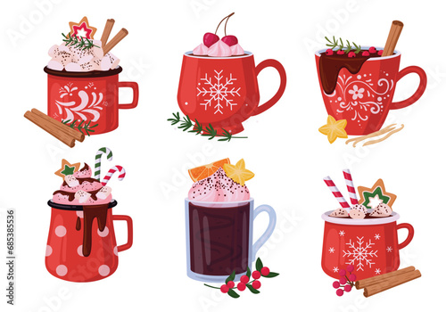 Christmas hot drink cups. Red xmas mug with hot cocoa and marshmallow with cinnamon sticks, winter holiday drinks flat vector illustration set. Xmas hot beverage cup collection