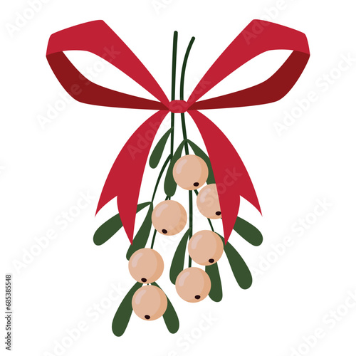 Christmas mistletoe branch. Xmas plant with berries and red ribbons, traditional mistletoe branch for Christmas card and decorations flat vector illustration