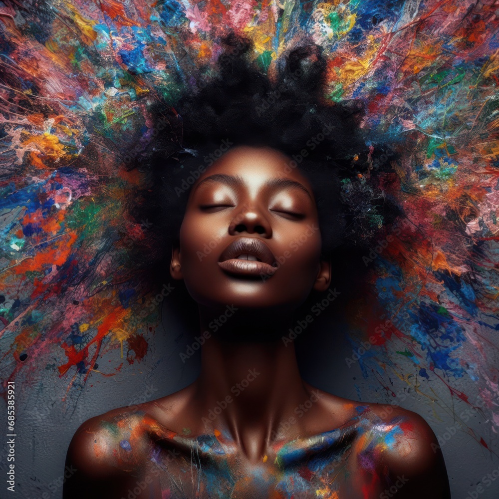 art piece of a beautiful black woman in a rainbow coloured paint explosion art piece of a beautiful black woman in a rainbow coloured paint explosion