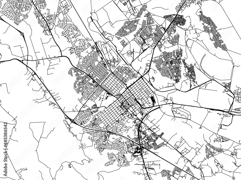 Naklejka premium Vector road map of the city of Rustenburg in South Africa with black roads on a white background.