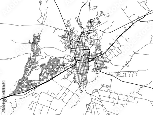 Vector road map of the city of Potchefstroom in South Africa with black roads on a white background.
