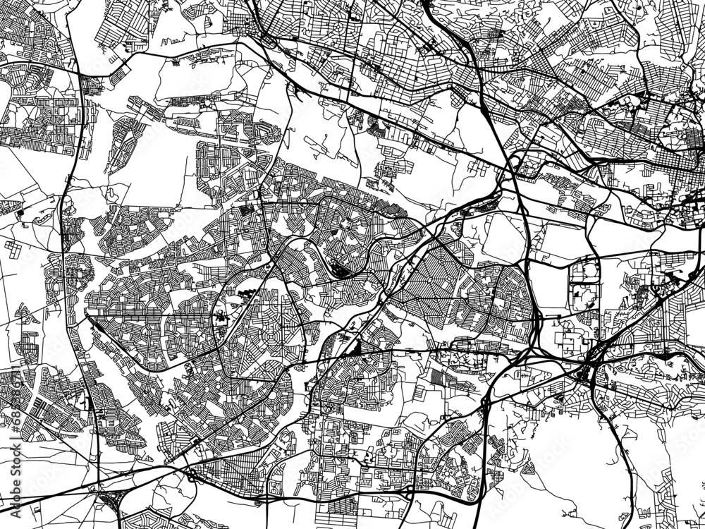 Vector road map of the city of Soweto in South Africa with black roads on a white background.