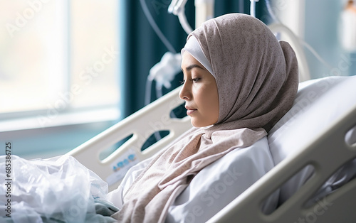 Horizontal portrait shot of attractive smiling adult Muslim patient wearing hijab. Islamic woman