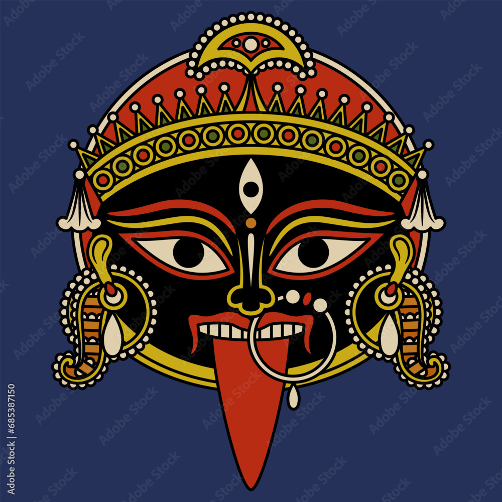 Head of goddess Kali. Hindu mask. Ethnic design. Indian female deity of destruction. On blue background.