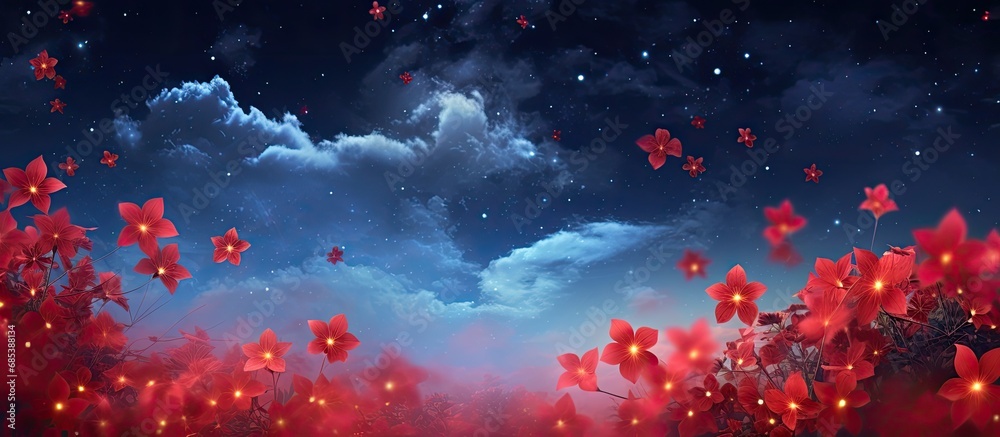 The sky, adorned with scattered clouds, set the stage for a mesmerizing display of stars, as a beautiful tropical meadow flourished with luxurious red flowers, their stamen like precious gifts. - obrazy, fototapety, plakaty 