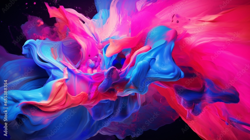 Random splashes of neon pink and electric blue forming an energetic composition on a 3D background.