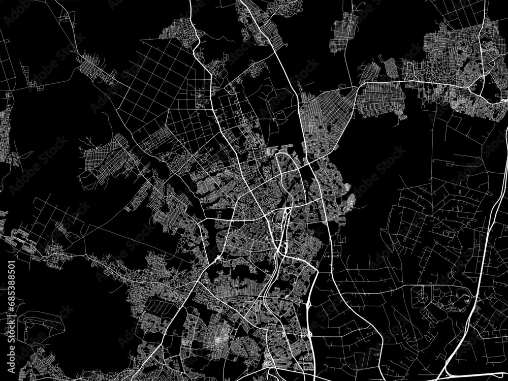Vector road map of the city of Mabopane in South Africa with white roads on a black background.