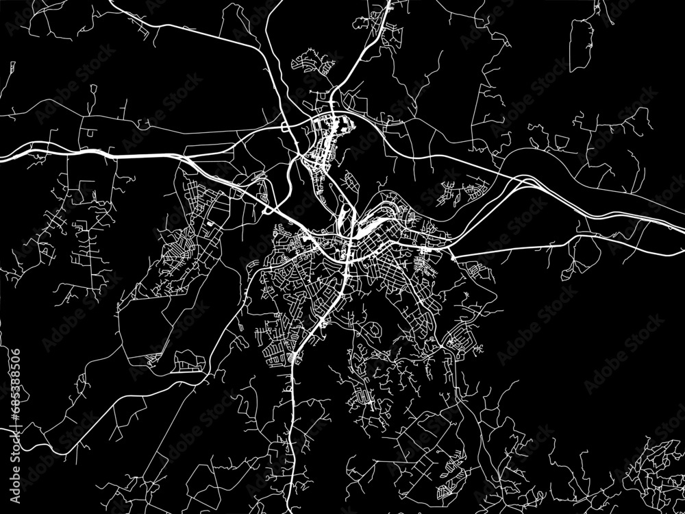 Vector road map of the city of Nelspruit in South Africa with white roads on a black background.