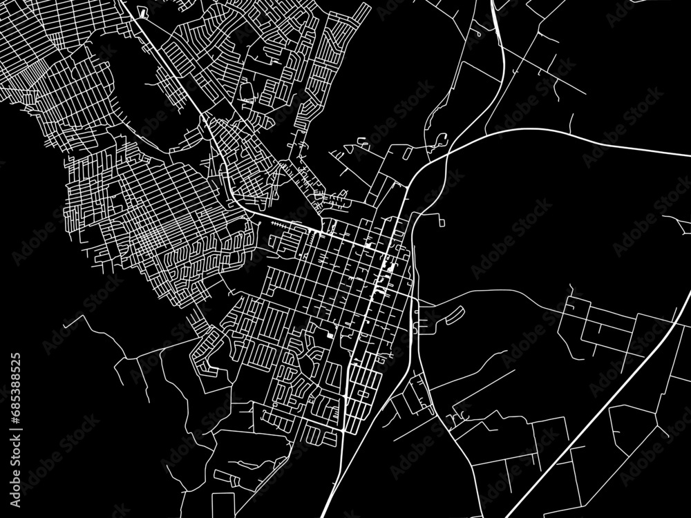 Vector road map of the city of Mokopane in South Africa with white roads on a black background.